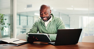 Buy stock photo Business, smile and black man with tablet in office for research or review with finance manager. Technology, mature professional and reading email for good news, project and investment update