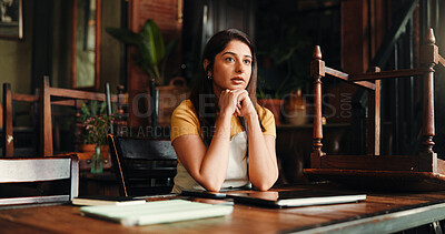 Buy stock photo Business, thinking and woman in cafe, choice and decision with creative project, copywriting or break. Person, freelancer or entrepreneur in restaurant, computer or problem solving with contemplation