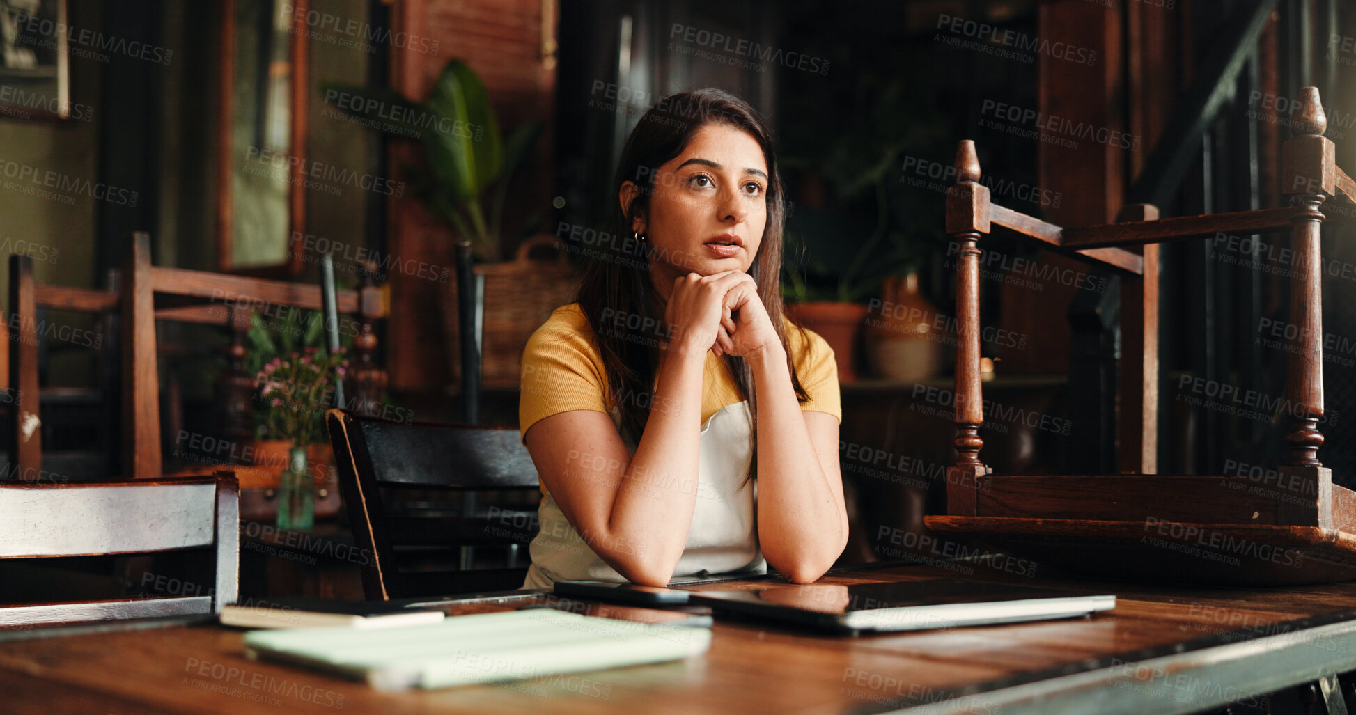 Buy stock photo Business, thinking and woman in cafe, choice and decision with creative project, copywriting or break. Person, freelancer or entrepreneur in restaurant, computer or problem solving with contemplation