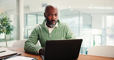 Buy stock photo Laptop, confused and black man in office for research on stock market for company investment. Computer, mistake and African financial manager with finance, budget or profit report in workplace.