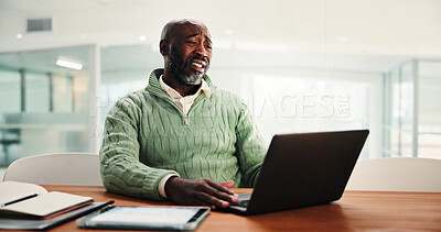 Buy stock photo Laptop, mistake and black man in office with error for stock market crash with company investment. Computer, bad news and African financial manager with finance, budget or profit report in workplace.