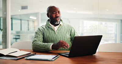 Buy stock photo Laptop, confused and black man in office with mistake on stock market for company investment. Computer, error and African financial manager with wrong finance, budget or profit report in workplace.
