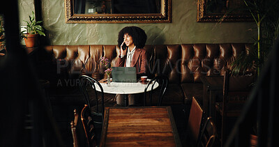 Buy stock photo Phone call, laptop and freelancer with woman in cafe for communication, entrepreneur and research. Planning, startup contact and remote worker with person in coffee shop for client email and chat