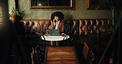 Buy stock photo Phone call, laptop and remote work with woman in cafe for communication, entrepreneur and research. Planning, startup contact and freelancer with person in coffee shop for client email and chat