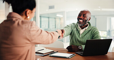 Buy stock photo Business man, woman and handshake at interview for recruitment process, agreement or smile at office. People, manager and shaking hands with deal for onboarding, human resources or hiring at agency