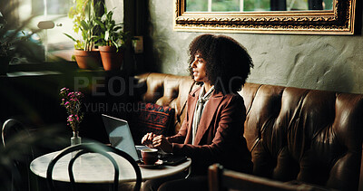 Buy stock photo Thinking, employee and woman with laptop, cafe and digital marketing on web, remote work and online. Freelance, social media specialist and person with tech for project, reflection or coffee shop