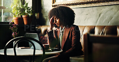 Buy stock photo Woman, headache and laptop with remote work at cafe, stress and frustrated for mistake with 404 glitch. African person, computer and freelance writer with migraine, pain and error at coffee shop