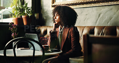 Buy stock photo Business, thinking and woman in cafe, laptop and decision with creative project, copywriting or choice. Person, freelancer and entrepreneur in restaurant, computer and problem solving with solution