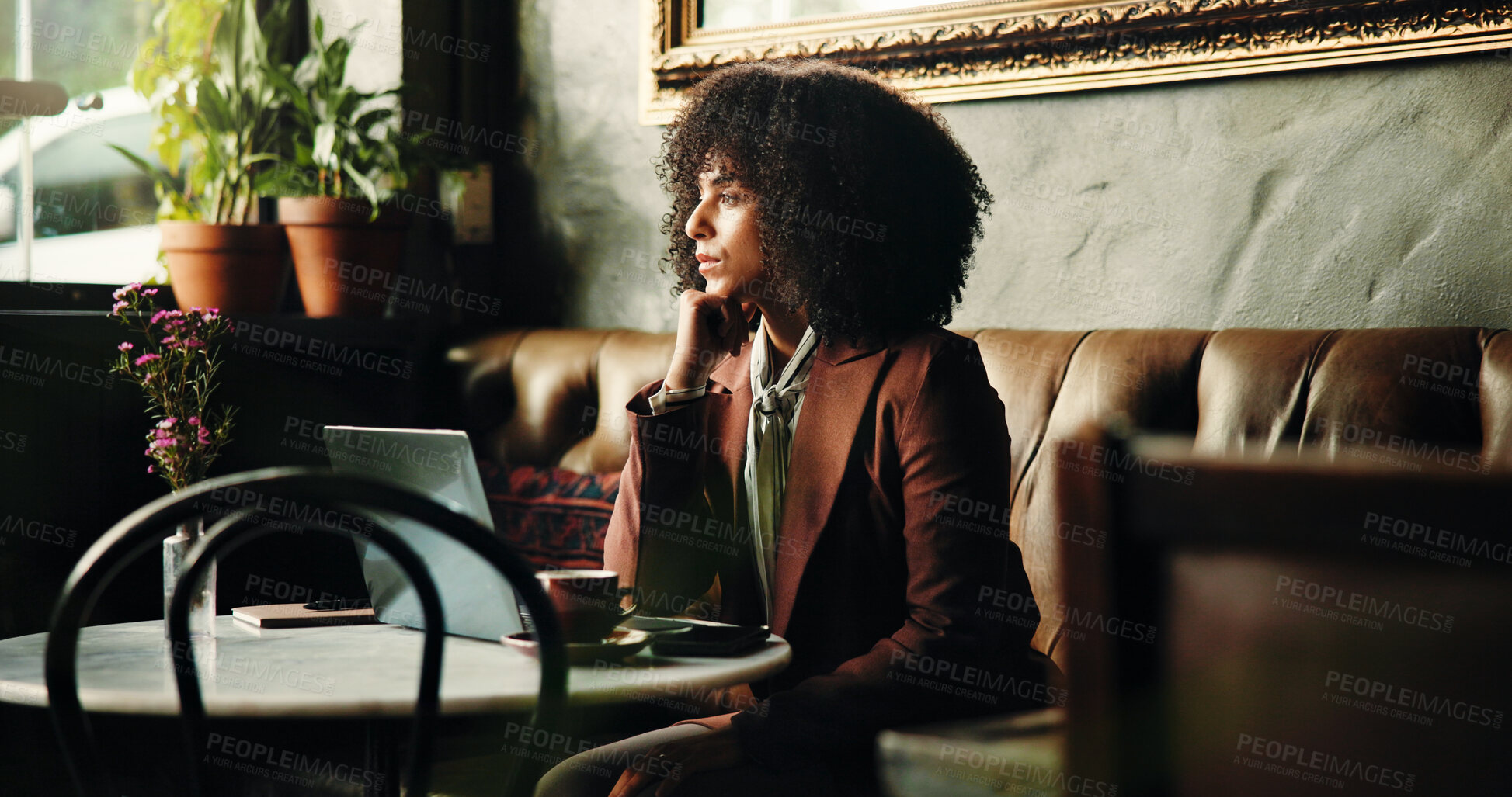 Buy stock photo Business, thinking and woman in cafe, laptop and decision with creative project, copywriting or choice. Person, freelancer and entrepreneur in restaurant, computer and problem solving with solution