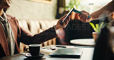 Buy stock photo Hands, phone and payment with machine at coffee shop for order bills, drinks and easy transaction. People, waiter and customer experience with pos, smartphone and fintech app for deal at cafeteria