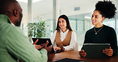 Buy stock photo Hiring, recruitment and business people in office, tablet and conversation with onboarding. Employees, human resource management and candidate in meeting, tech and job interview with discussion