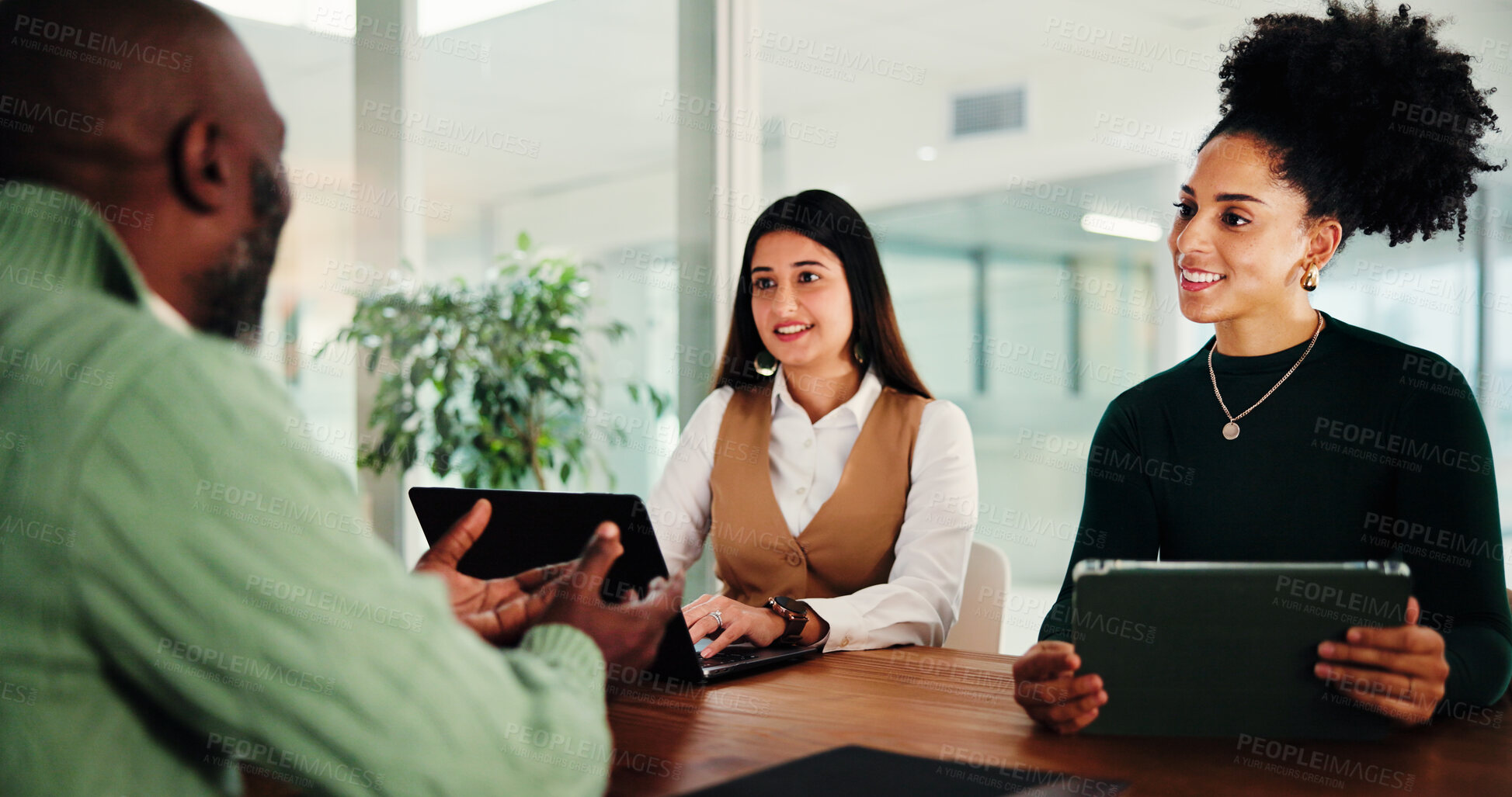 Buy stock photo Hiring, recruitment and business people in office, tablet and conversation with onboarding. Employees, human resource management and candidate in meeting, tech and job interview with discussion