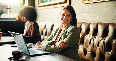 Buy stock photo Woman, arms crossed and portrait for remote work at coffee shop, smile and pride with laptop for project. Person, computer and journalist with confidence, happy and research for article at cafeteria