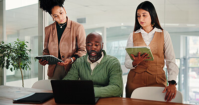 Buy stock photo Man, women and staff with laptop, office meeting and discussion with brainstorming at media agency. People, editor and journalist with review, feedback and tablet for article development at company