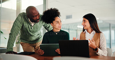 Buy stock photo Woman, team and laptop with tablet, office meeting and discussion with brainstorming at media agency. People, editor and journalist with review, feedback and advice for article development at company
