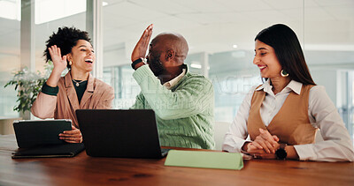 Buy stock photo Business people, team and high five with tech at startup with smile, success and motivation for goals at office. Man, women and celebration with tablet, laptop or collaboration at creative agency