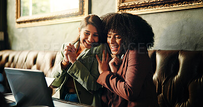 Buy stock photo Excited, business and women in cafe, laptop and hug with email for startup funding. Happy people, entrepreneur and employees in restaurant, computer and opportunity with victory, embrace and success