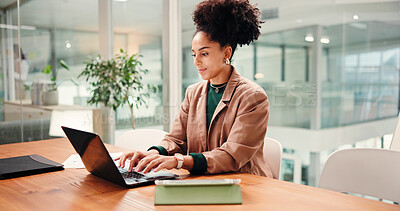 Buy stock photo Typing, business woman and laptop in office for social media, message or online communication. Idea feedback, female person and tablet in workplace for networking, brainstorming or web conversation