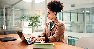 Buy stock photo Typing, business woman and laptop for social media, message or online communication in office. Idea feedback, female person and tablet in workplace for networking, brainstorming or web conversation