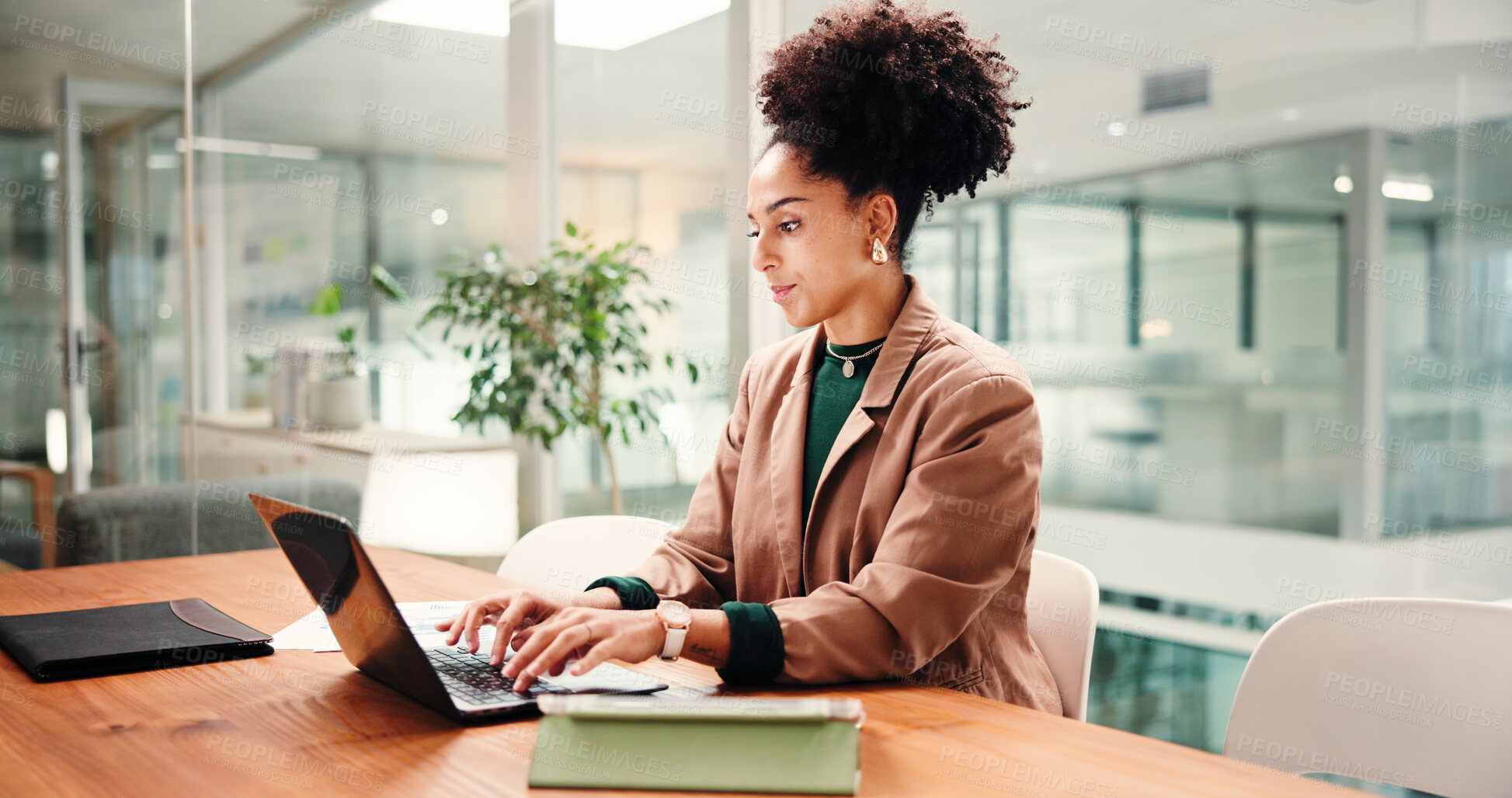 Buy stock photo Typing, business woman and laptop for social media, message or online communication in office. Idea feedback, female person and tablet in workplace for networking, brainstorming or web conversation