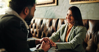 Buy stock photo Holding hands, happy and couple in coffee shop on date in morning with bonding, support or care. Romance, love and man with woman for connection in restaurant for trust in relationship at cafe.
