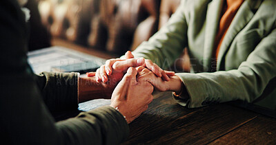 Buy stock photo Holding hands, love and couple in coffee shop on date in morning with bonding, support or care. Romance, comfort and man with woman for connection in restaurant for trust in relationship at cafe.