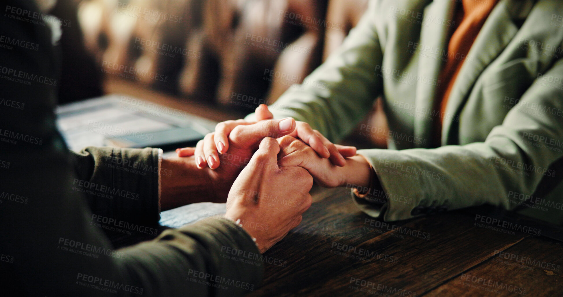 Buy stock photo Holding hands, love and couple in coffee shop on date in morning with bonding, support or care. Romance, comfort and man with woman for connection in restaurant for trust in relationship at cafe.