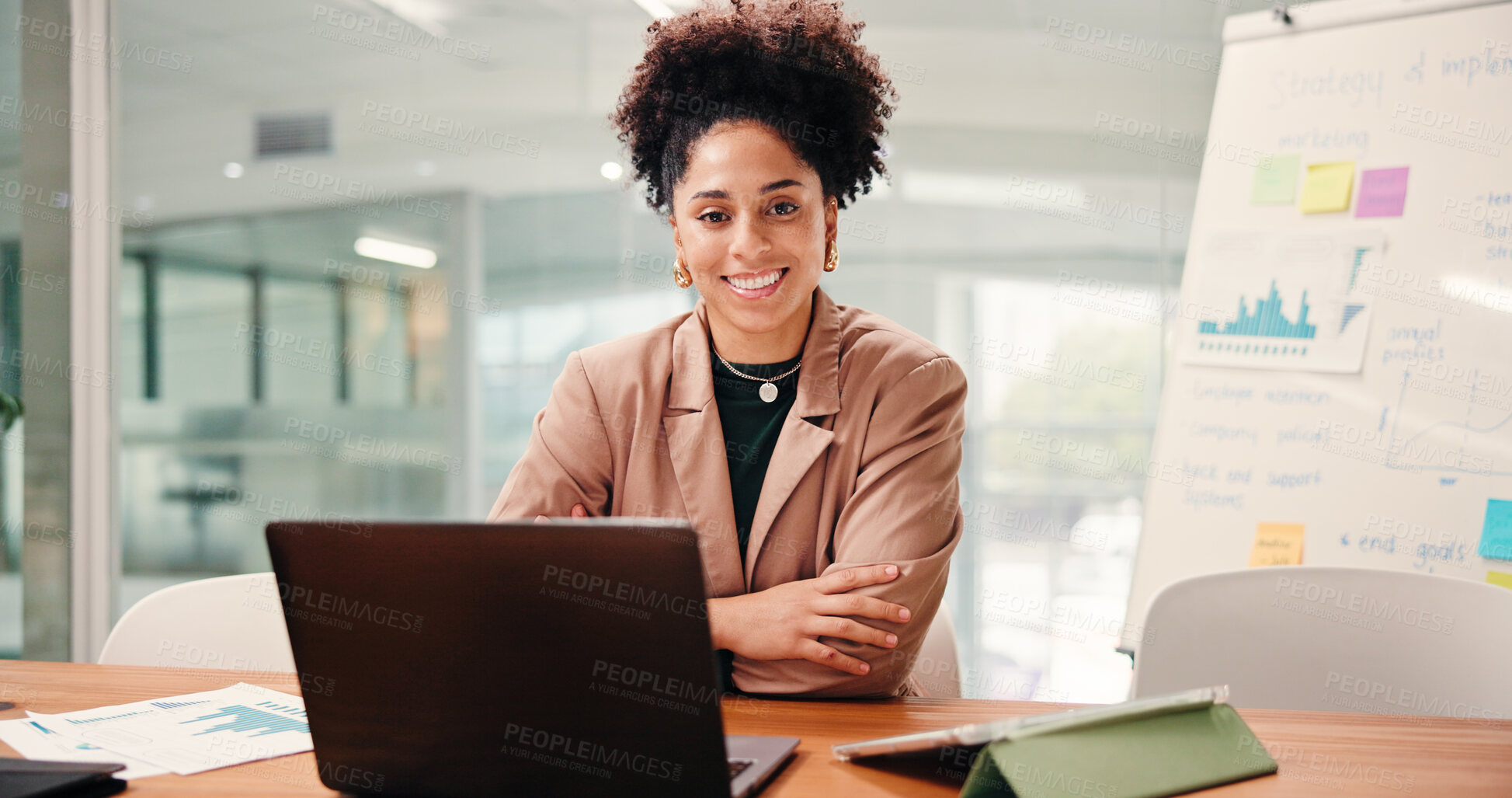 Buy stock photo Laptop, portrait and smile of business woman in office for agenda, planning or schedule. Arms crossed, computer and information with happy African employee at work for data or statistics review