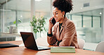 Laptop, phone call and smile of business woman in office for conversation, planning or update. Communication, computer and project management with happy African employee in workplace for feedback