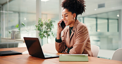 Buy stock photo Laptop, phone call and smile of business woman in office for conversation, planning or update. Communication, computer and project management with happy African employee in workplace for feedback