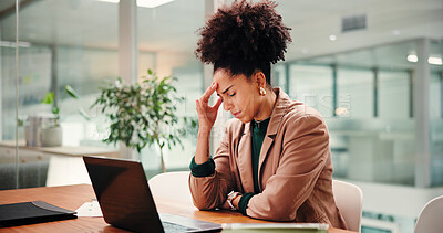 Buy stock photo Frustrated woman, accountant or headache with stress on laptop for project budget or debt in office. Female person, migraine or strain with mistake on computer for financial pressure or bankruptcy