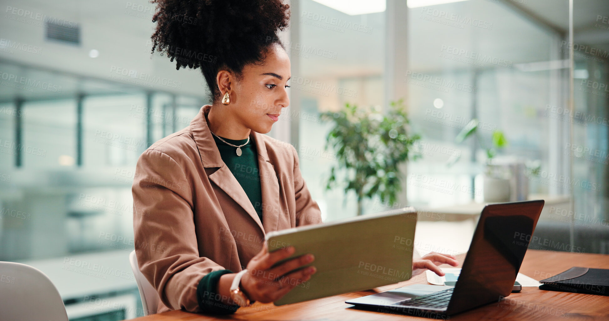 Buy stock photo Laptop, schedule and tablet with business woman in office for online report, research or review. Agenda, app and computer with African employee at workplace desk for calendar management or planning