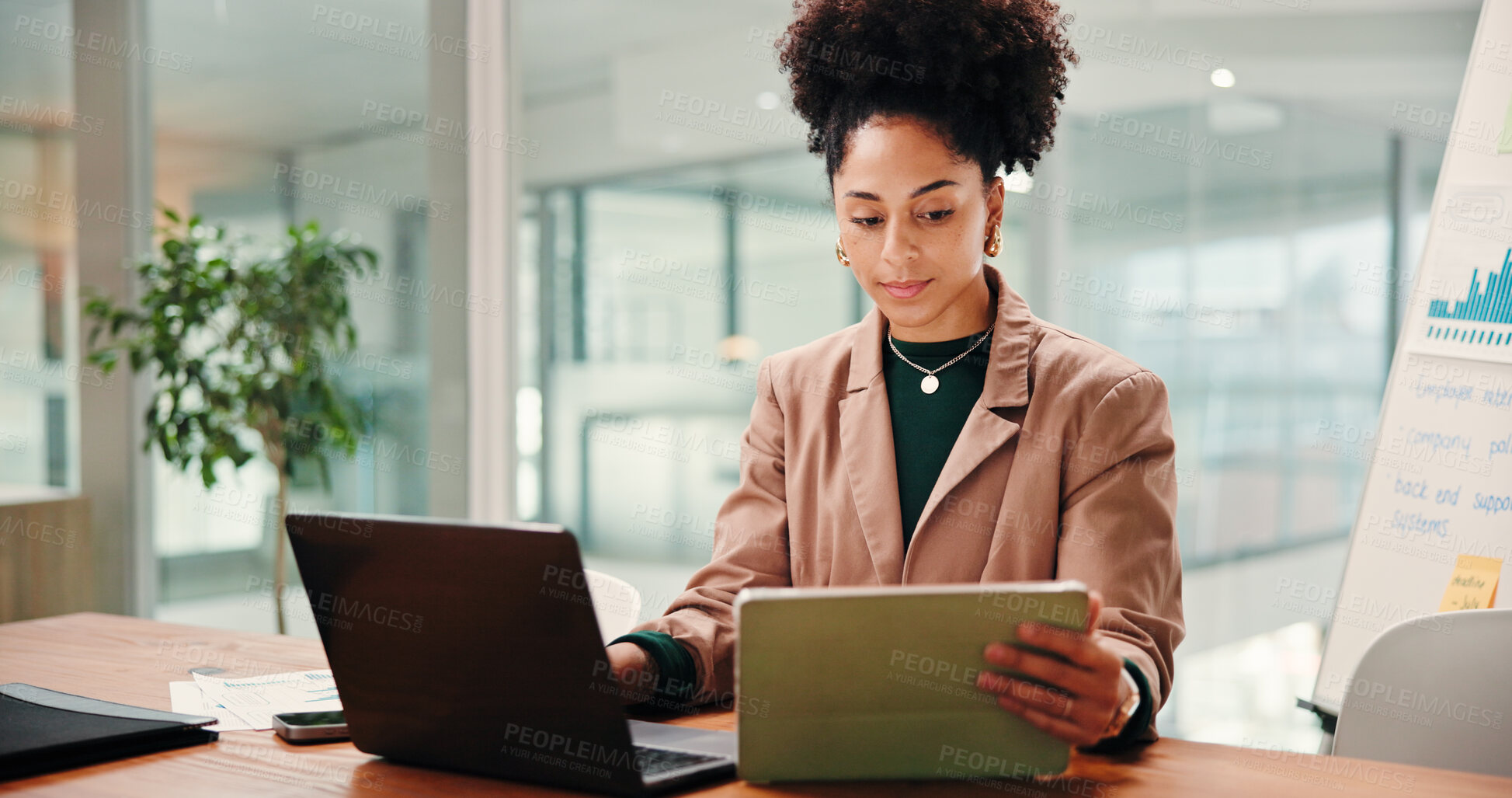 Buy stock photo Agenda, laptop and tablet with business woman in office for online report, research or review. App, computer and schedule with African employee at workplace desk for calendar management or planning