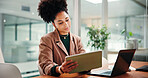 Laptop, reading and tablet with business woman in office for online report, research or review. App, computer and information with African employee at workplace desk for agenda calendar management