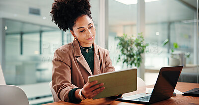 Buy stock photo Laptop, reading and tablet with business woman in office for online report, research or review. App, computer and information with African employee at workplace desk for agenda calendar management
