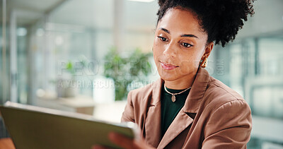 Buy stock photo Research, tablet and business woman in office for report, reading email or insurance review. African worker, technology and check schedule with information, agenda and policy update on internet
