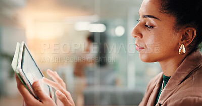 Buy stock photo Office, business woman and tablet screen with graphs for investment analysis or risk assessment. Tech, reading and worker with data for financial forecast, review KPI and scroll for cost projection