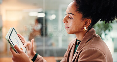 Buy stock photo Office, business woman and tablet screen with charts for investment analysis or risk assessment. Tech, reading and worker with data for financial forecast, review KPI and scroll for cost projection