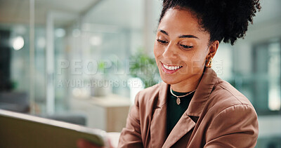 Buy stock photo Smile, tablet and business woman in office for report, reading email or insurance review. African worker, technology and check schedule with information, research and policy update on internet