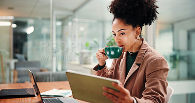 Business, woman or coffee with tablet in office for budget review, revenue report or project capital. Financial manager, African person or caffeine with digital app for insight on company performance