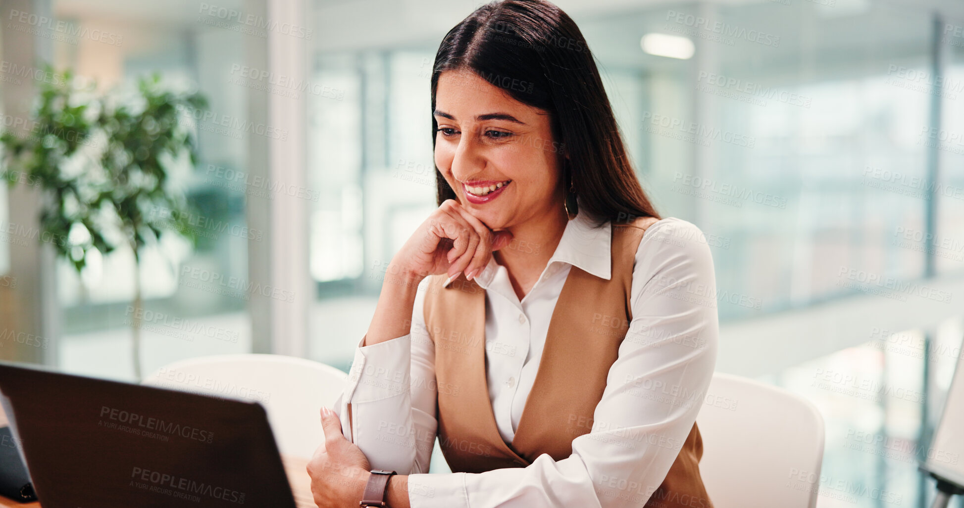 Buy stock photo Thinking, business woman and laptop in office for social media, message or online communication. Idea feedback, female person and tech in workplace for networking, research or web conversation