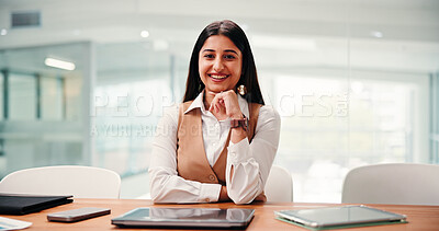 Buy stock photo Administration, portrait and smile of business woman in office for agenda, planning or schedule. Happy, laptop and tablet with Indian employee in workplace for project management or research