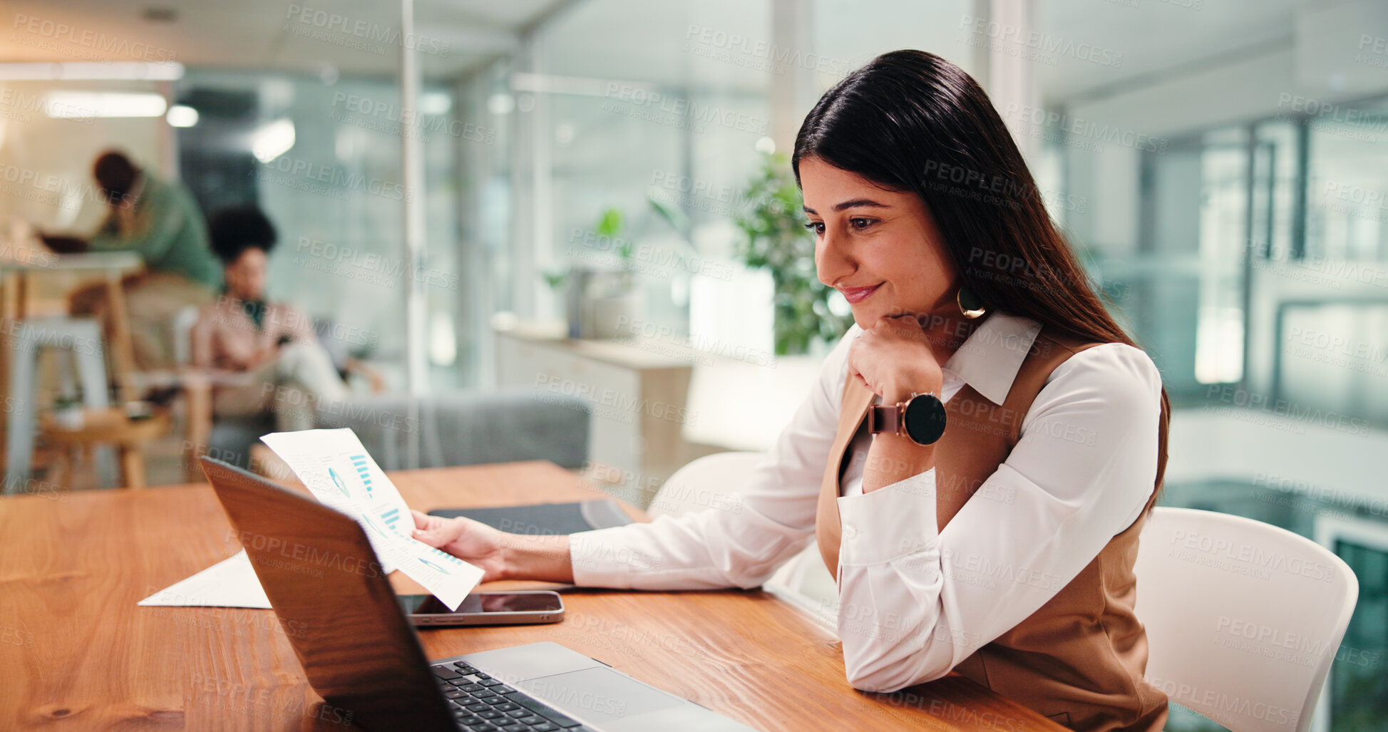 Buy stock photo Graphs, business woman and laptop in office for partnership, growth or online report. Analytics, female person and document in workplace for strategy, project management or web proposal planning