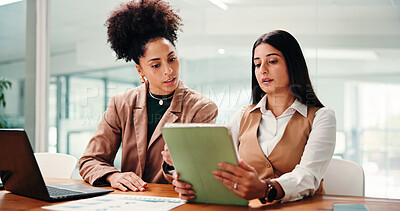 Buy stock photo Collaboration, research and women with tablet, office and planning for digital marketing or website. Business, people and colleagues with tech for campaign, browsing and discussion for project on app