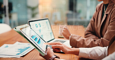 Buy stock photo Hands, people and graphs on tablet screen for finance results, profit growth and budget review. Staff, team and digital with financial report, revenue stats and dividend comparison of risk assessment