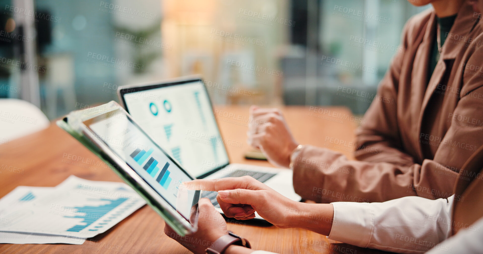 Buy stock photo Hands, people and graphs on tablet screen for finance results, profit growth and budget review. Staff, team and digital with financial report, revenue stats and dividend comparison of risk assessment