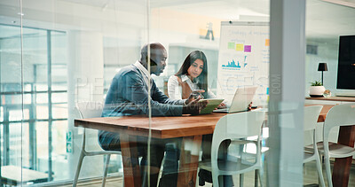 Buy stock photo Woman, man and discussion with tablet at office for marketing review, planning and stats at company. Business people, team and tech with laptop, feedback or application for problem solving at startup