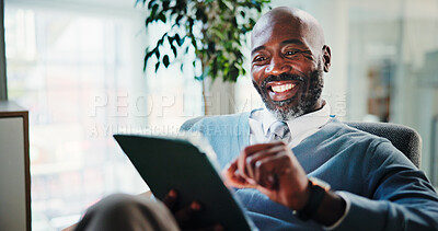 Buy stock photo African businessman, tablet and scroll at office with smile, results and notification at investing agency. Mature person, financial advisor or broker with tech, app and happy with review at company