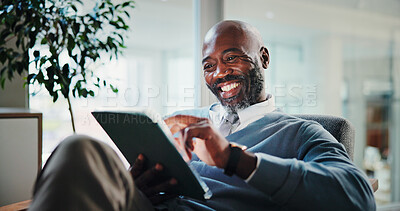Buy stock photo African businessman, tablet and happy at office with scroll, results and notification at investing agency. Mature person, financial advisor or broker with tech, app and smile with review at company