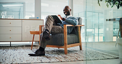 Buy stock photo African businessman, tablet and smile at office with scroll, results and networking at investing agency. Mature person, financial advisor or broker with tech, app and happy with review at company